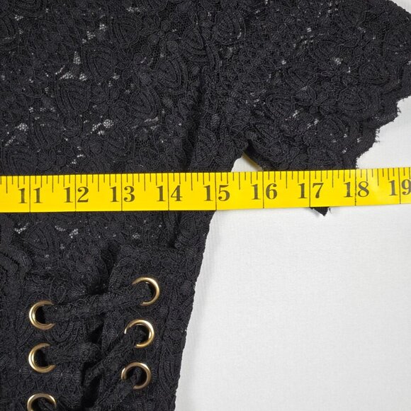 LUODING Gothic Black Lace Wrap Top w/ Grommet Corset Detail & Asymmetrical Hem - Picture 9 of 12